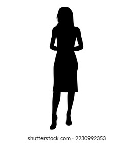 Vector silhouette of a young attractive slender woman in a summer dress, standing, black color, isolated on a white background