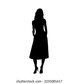 Vector silhouette of a young attractive slender woman in a summer dress, standing, black color, isolated on a white background