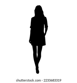 Vector silhouette of a young attractive slender woman in a summer dress, standing, black color, isolated on a white background