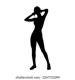 Silueta vectorial de una joven atractiva mujer delgada con ropa deportiva, de pie con las manos arriba, negra, aislada en fondo blanco