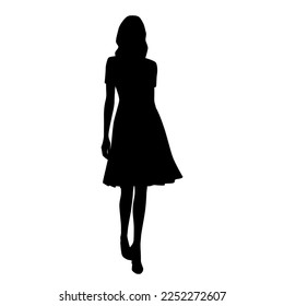 Vector silhouette of a young attractive slender woman in a summer dress, standing, black color, isolated on a white background