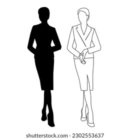 Silueta vectorial de una joven atractiva mujer delgada con un vestido de verano, de pie, esbozo lineal, color negro, aislado en fondo blanco