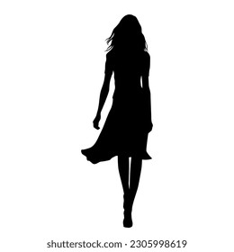 Vector silhouette of a young attractive slender woman in a summer dress, walking, black color, isolated on a white background