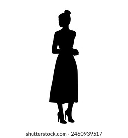 Vector silhouette of a young attractive slender woman, profile, standing, black color, isolated on a white background