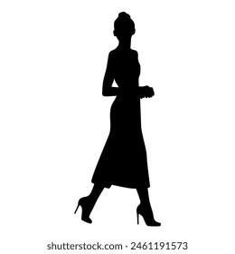 Vector silhouette of a young attractive slender woman, profile, walking, black color, isolated on a white background