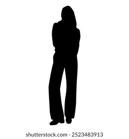 Vector silhouette of a young attractive slender woman, standing, black color, isolated on a white background