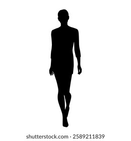 Vector silhouette of a young attractive slender woman, walking, black color, isolated on a white background