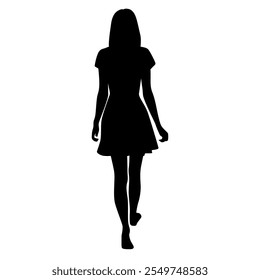 Silhueta de vetor de uma jovem atraente magra mulher em um vestido, andando, vista de trás, cor preta, isolado em um fundo branco