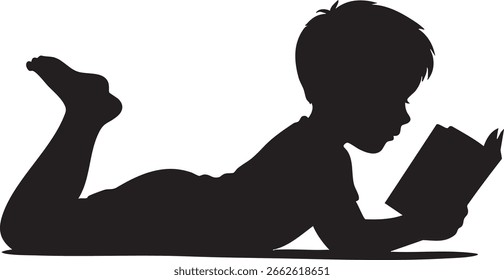 Vector Silhouette of a Young Boy Reading a Book While Lying Down on a White Background

