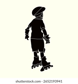 Silhueta vetorial de uma criança vista por trás enquanto patinava. Usar equipamento de proteção completo, incluindo capacete, joelheiras, cotoveleiras e proteções do pulso. Ideal para uso em educação de segurança.
