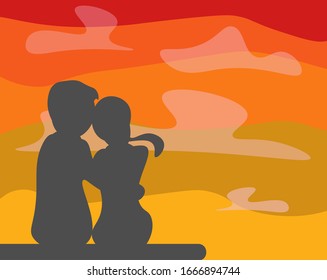 vector silhouette of a young couple in love on sunset sky background.  guy and girl are watching the sunset. silhouette man hugs woman