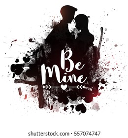 Vector silhouette of Young Couple in Love with abstract splash and Text Be Mine for Happy Valentine's Day Celebration.