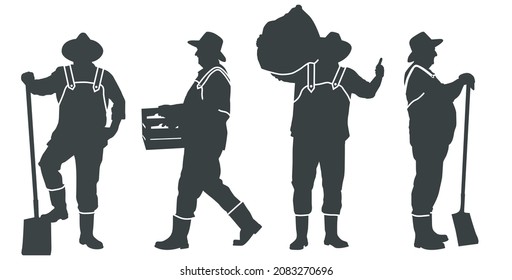 Vector silhouette of young farmers on a white. Agricultural.	