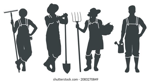 Vector silhouette of young farmers on a white. Agricultural.	