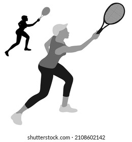 Vector silhouette of a young girl with a tennis racket in a baseball cap, T-shirt and leggings. The girl hits the ball.