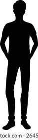 Vector silhouette of a young man standing casually with hands in pockets. Full body outline in black, isolated on white background. Suitable for graphic design, poster art, advertisement, web design, 