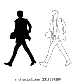 Vektor-Silhouette für junge Männer, Wandern, Geschäftsmann, Profil, lineare Skizze, schwarze Farbe einzeln auf weißem Hintergrund
