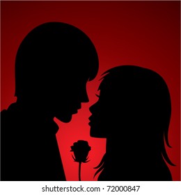 vector silhouette of young man and woman heads on red background. faces of a couple, male and female with a rose for love, birthday and valentine day illustrations. 