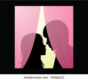 vector silhouette of young man and woman behind a curtain