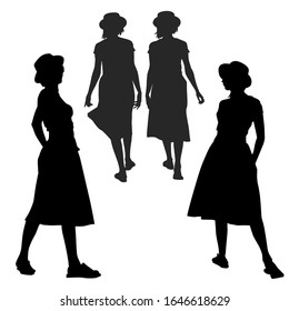 Vector silhouette of a young slender girl in a straw hat in a summer sundress and sandals. Four positions of one model, the woman poses beautifully, the model leaves, goes into the distance.