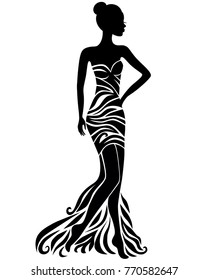 Vector silhouette of young woman in elegant dress with floral ornament