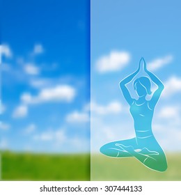 Vector silhouette of young woman practicing yoga posing on blurred nature background.