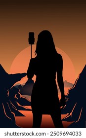 Vektor Silhouette - Junge Frau mit einem Selfie-Stick vor einer atemberaubenden Landschaft bei Sonnenuntergang