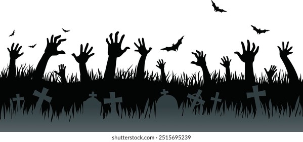 Silhueta de vetor de um zumbi mãos na paisagem do cemitério. Halloween do fundo dos desenhos animados