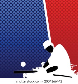 Vector of silhouetted baseball player hitting ball on red and blue dotted background. graphic decor print design, sport and competition concept digitally generated image.
