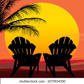 Vector silhouetted chairs and palms in front of a large yellow, orange, gold sun with colorful background.