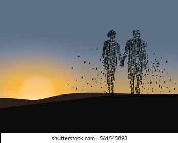 Vector silhouetted of relaxed young pasionate couple enjoying the sunset beauty on their honeymoon, on a desert with orange and blue background, concept love forever