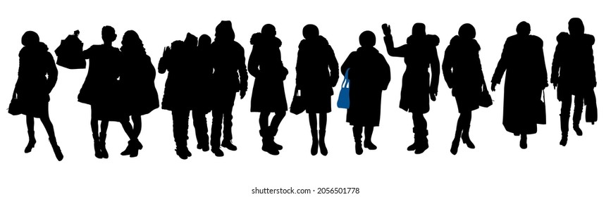 Vector silhouettes of 13 women in winter clothes of different ages and builds. Isolated on white