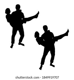 Vector silhouettes of 2 people, a guy carries a girl in his arms, isolated on a white background in two versions. The woman in the man's arms, holding the man by the neck. Transportation of the victim