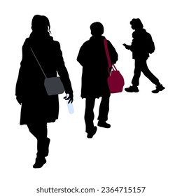 Vector silhouettes of 3 people. A girl carries a bottle of water in her hand, a back view of a woman with a bag over her shoulder, a side view of a girl with a phone and a backpack.