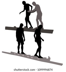 Vector silhouettes 4 people in full growth in summer shorts cross bridge 2 guys and 2 girls  man helps a woman pass supporting her concept of mutual assistance friendship proceeds care while traveling
