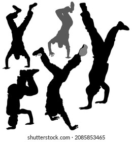 Vector silhouettes of 5 guys dancing break dance. Isolated male handstand, headstand. Dancers are acrobats.