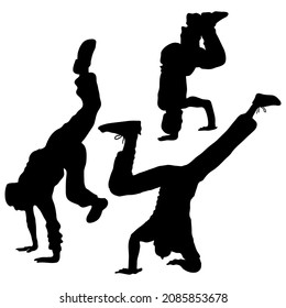 Vector silhouettes of 5 guys dancing break dance. Isolated male handstand, headstand. Dancers are acrobats.
