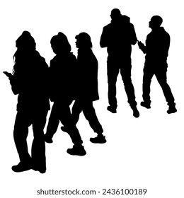 Vector silhouettes of 5 people on a walk isolated on a white background. three girls and 2 men walk to the side.
