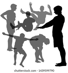 Vector silhouettes of 6 young guys involved in the gym. Men jump on trampolines. Two male silhouette in profile in full growth. Silhouette of a man leaning.