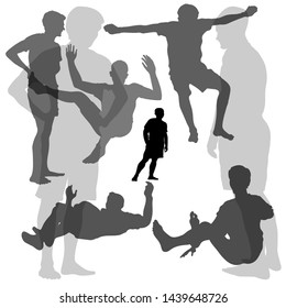 Vector silhouettes of 8 young guys involved in the gym. Men jump on trampolines. Two male silhouette in profile in full growth. Silhouette of a man leaning. Sports training in the gym.