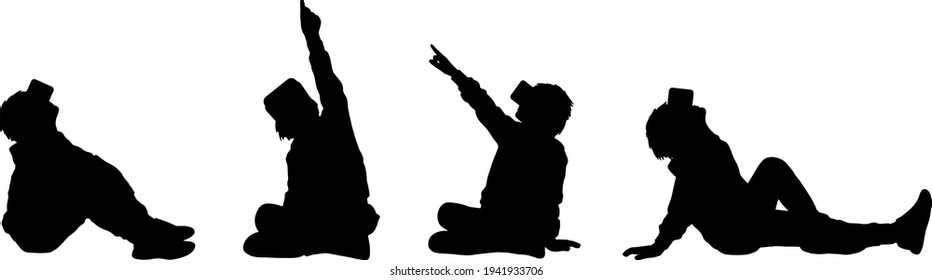 Vector silhouettes of a 8-12 years old boy in casual clothes seated in virtual reality headset.