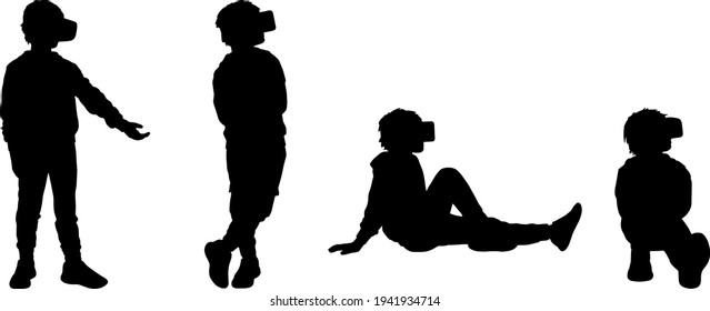 Vector silhouettes of a 8-12 years old boy in casual clothes in virtual reality headset.