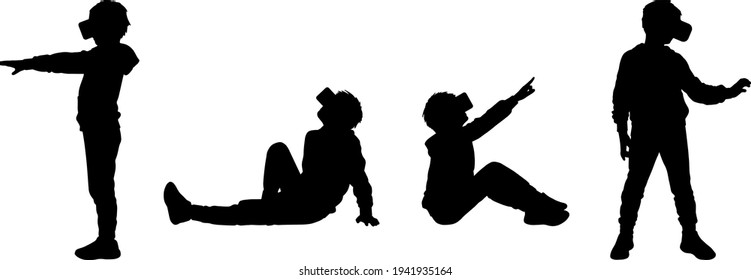 Vector silhouettes of a 8-12 years old boy in casual clothes in virtual reality headset.