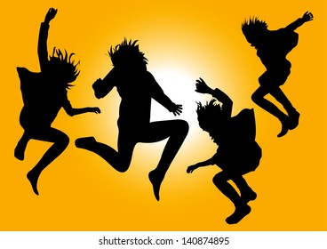 Vector silhouettes af happy young girls jumping into the air on colorful background