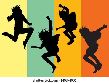 Vector silhouettes af happy young girls jumping into the air on colorful background