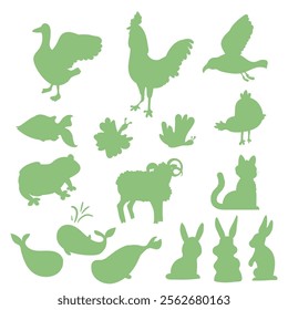 Vector silhouettes of animals, birds, fish for children's educational games and icons. Goose, rooster, seagull, fish, butterfly, chicken, frog, ram, cat, whale, hares on a white isolated background.