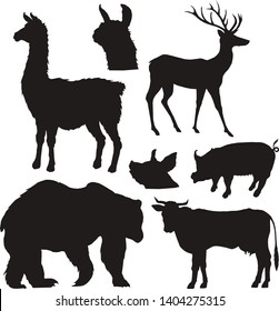 vector silhouettes of animals, cow, lama, pig, deer, bear, black, graphics, monogram, hand-made illustration