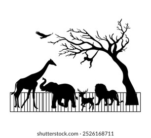 vector silhouettes of animals, lion, elephant, deer, giraffe, eagle, monkey. animal rights day