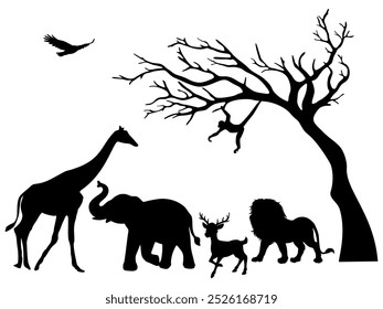 vector silhouettes of animals, lion, elephant, deer, giraffe, eagle, monkey. animal rights day