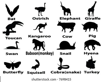 Vector silhouettes of animals (with names)